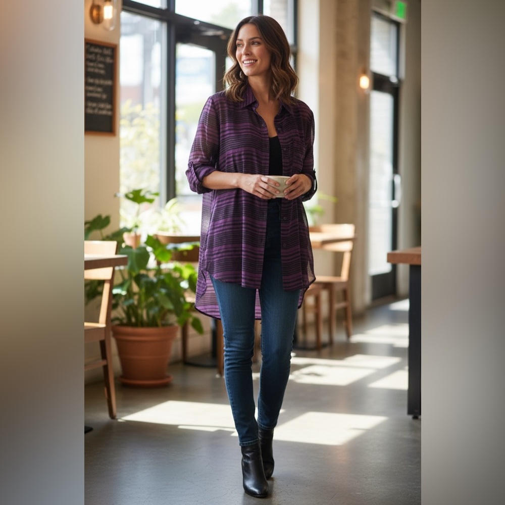 Moda International Black and Purple Striped Top